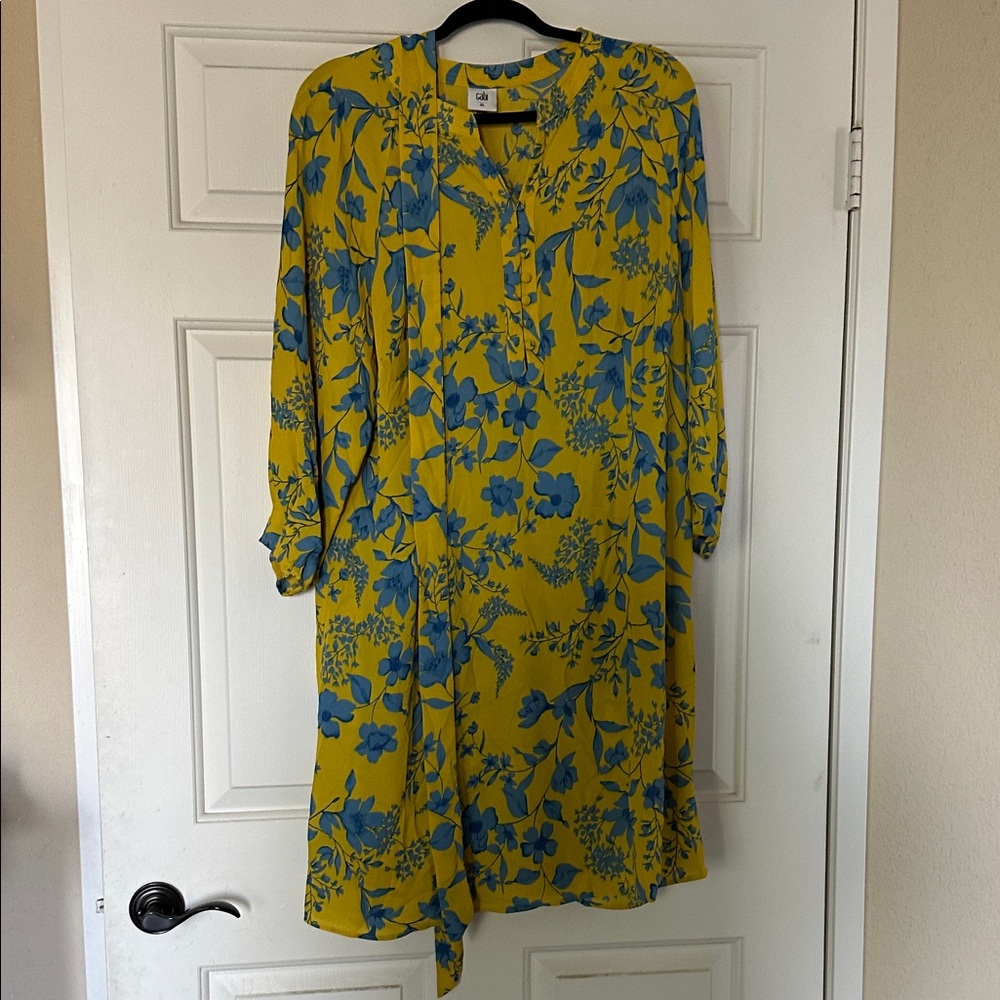 CAbi Dress with Blue Floral on Yellow